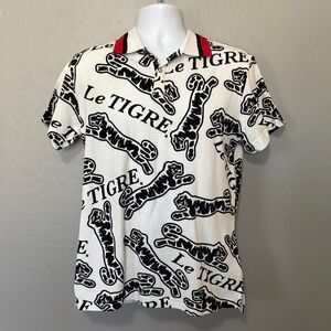 Le Tigre Dumont NWT Polo Shirt White Black Tiger Print‎ Short Sleeve Size M